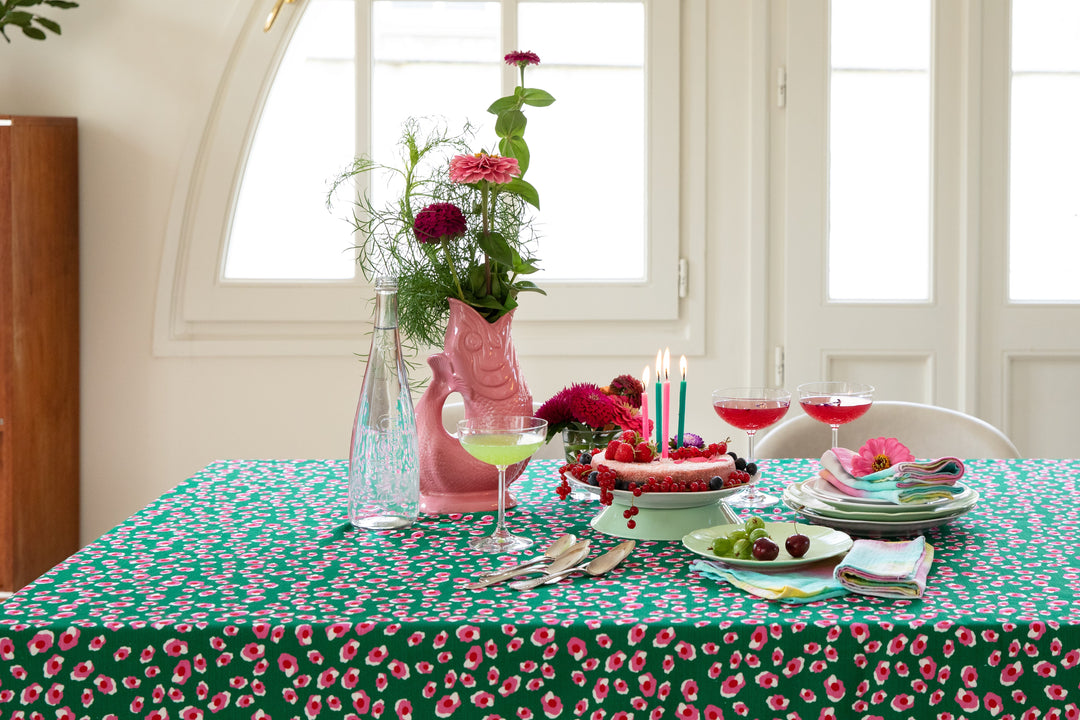 Green, pink, and white leopard print tablecloth