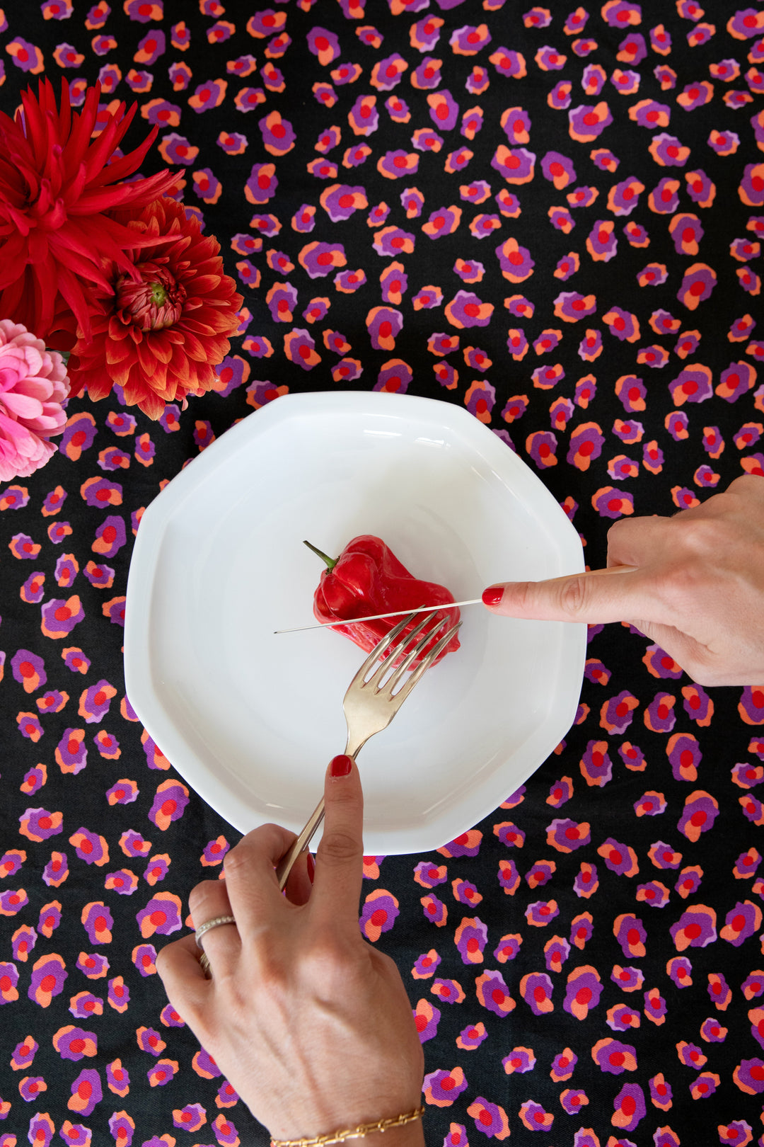 Black tablecloth with pink and purple pattern - the little black tablecloth