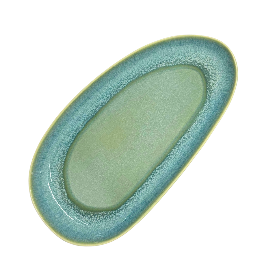 Plat de service oval double vert en céramique portugaise - 24 cm