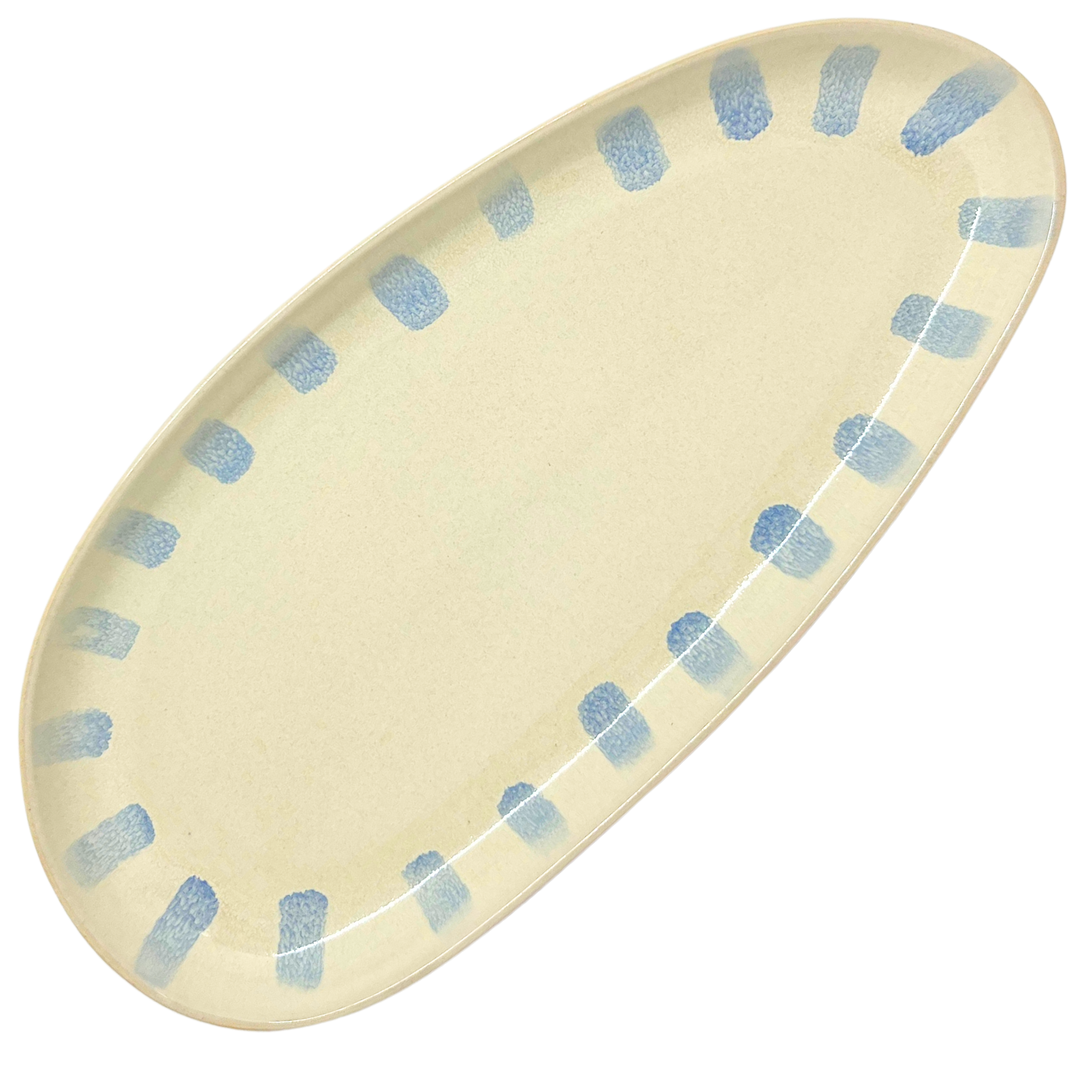 Plat de service oval à rayures bleues en céramique portugaise - 32 cm