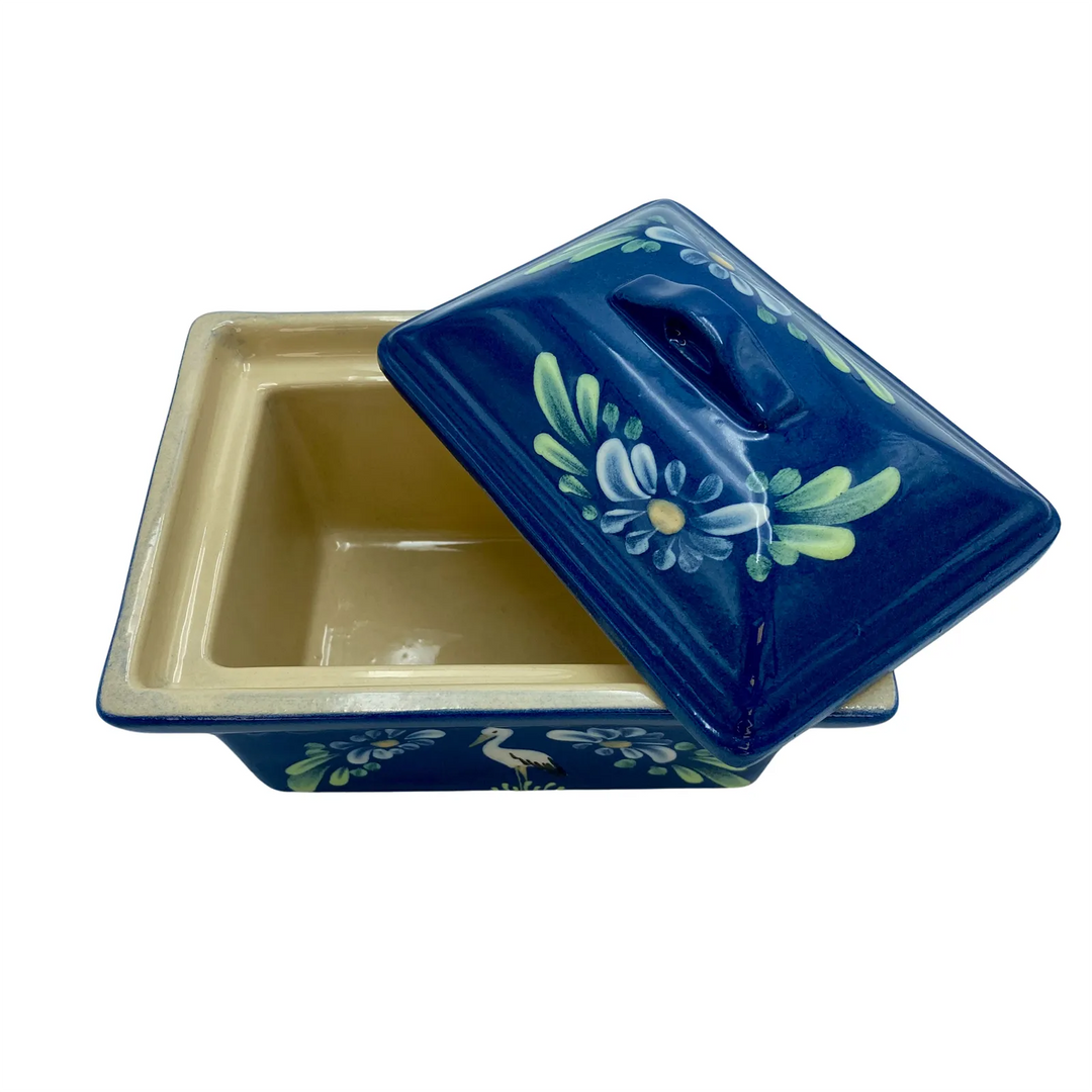 Rectangular terrine with blue jeans and stork