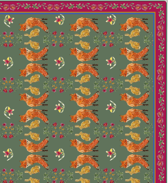 Nappe made in France à motifs renards et lièvres fond vert sauge