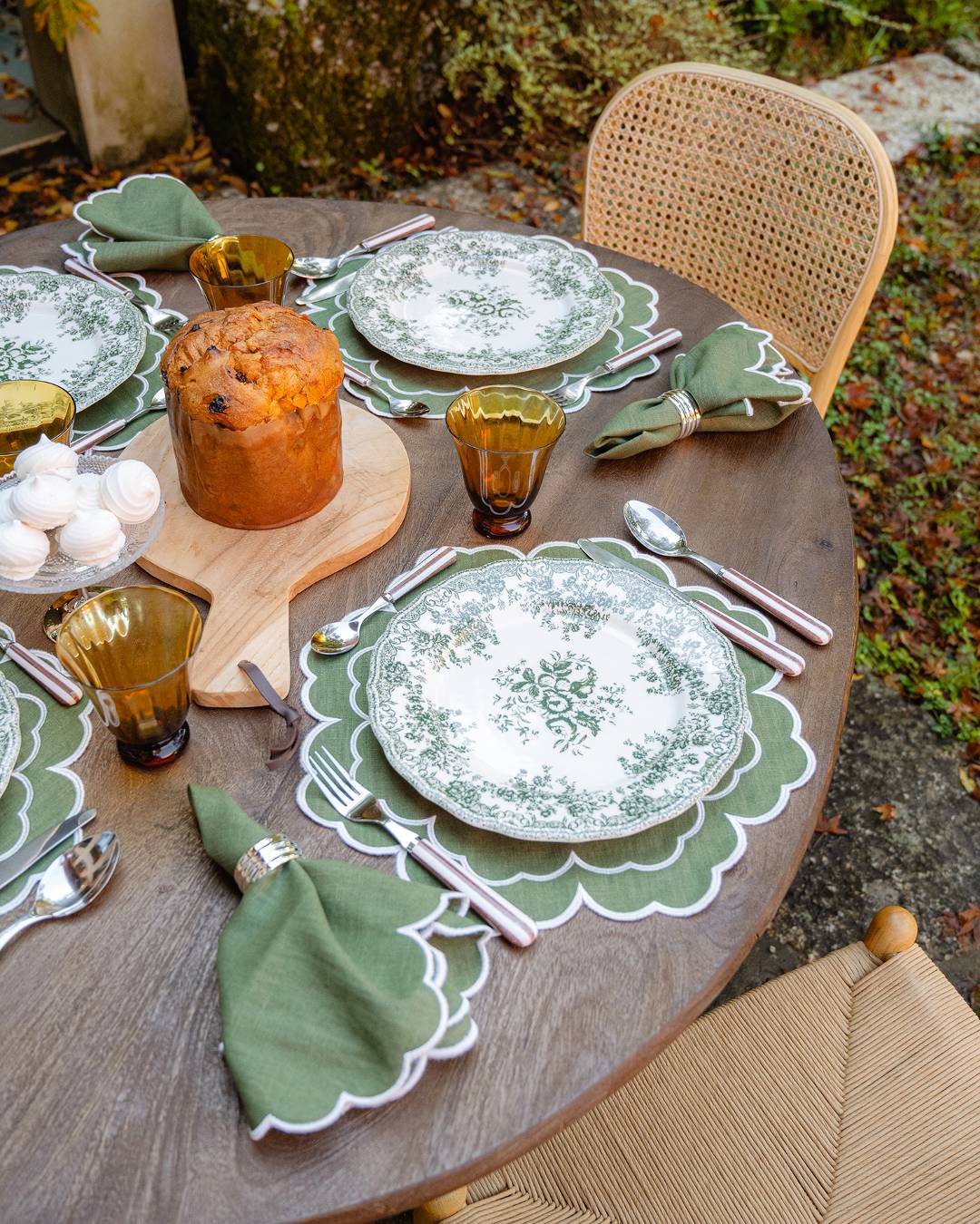 Set de table Íris, Vert et feston Blanc
