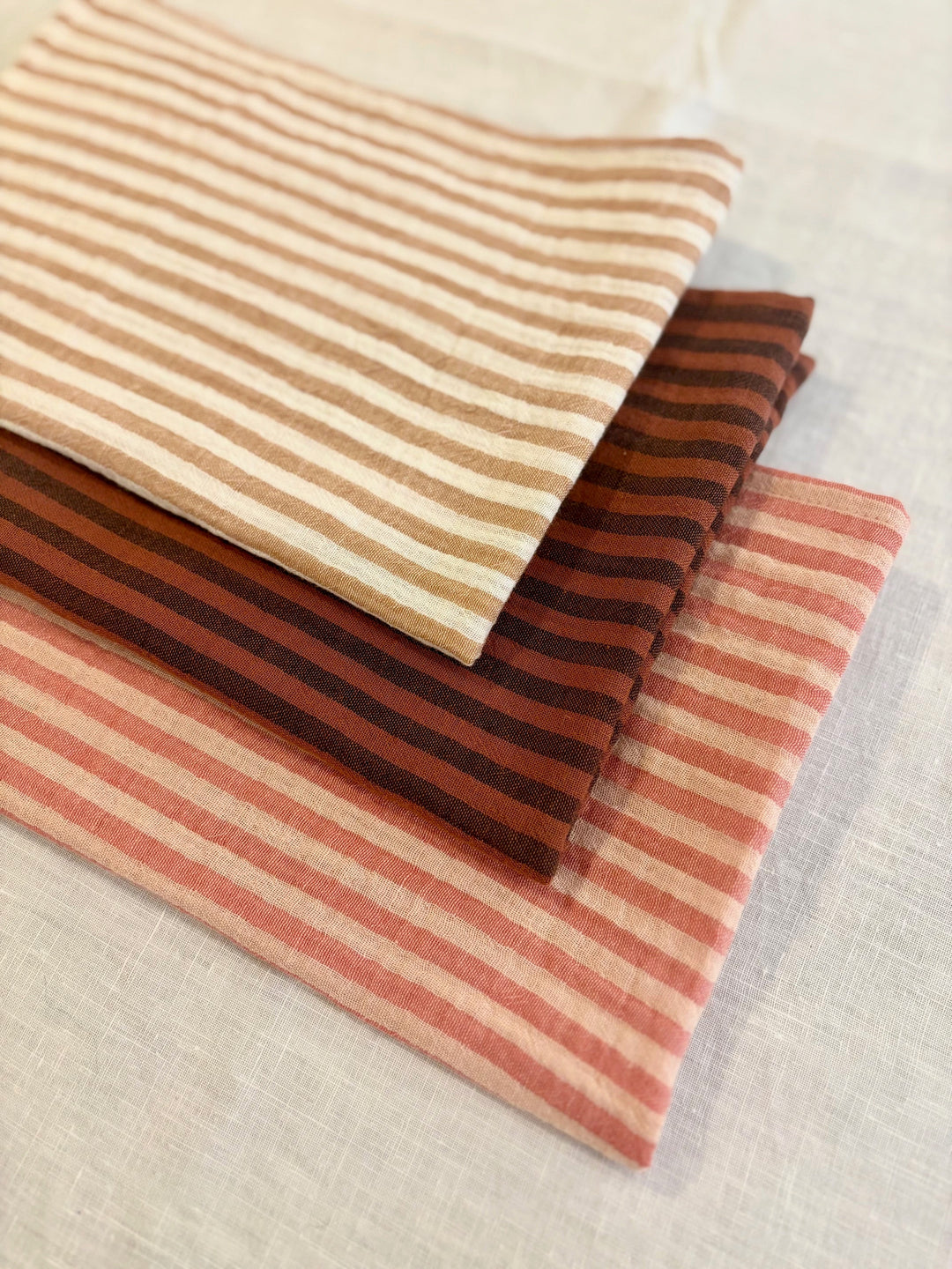 3 cotton gauze hand towels, made in France, striped toffee, paprika and caramel
