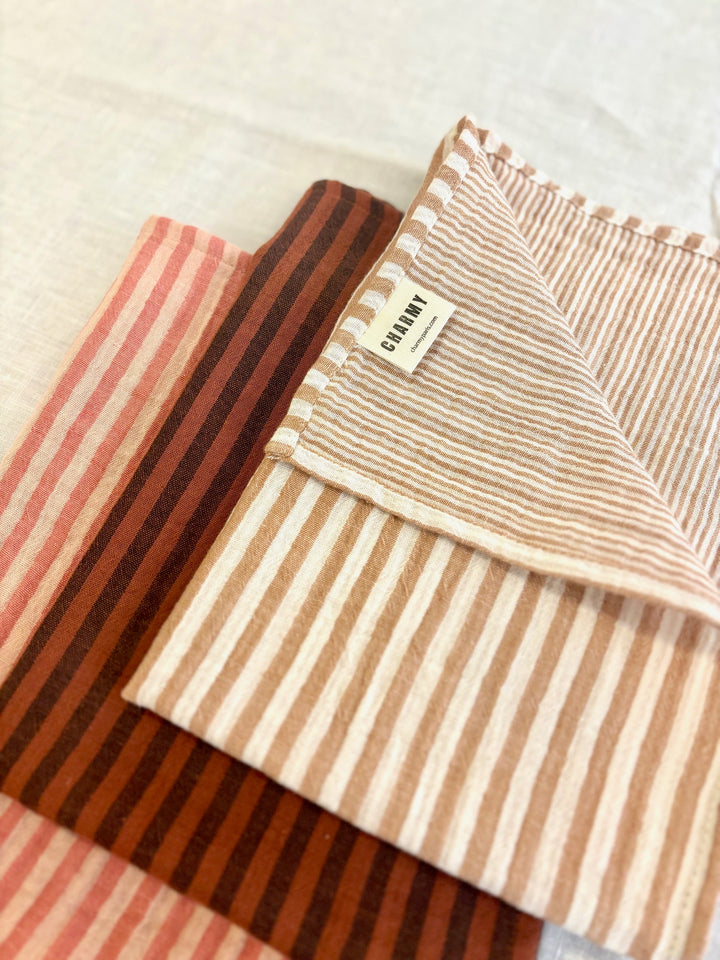 3 cotton gauze hand towels, made in France, striped toffee, paprika and caramel