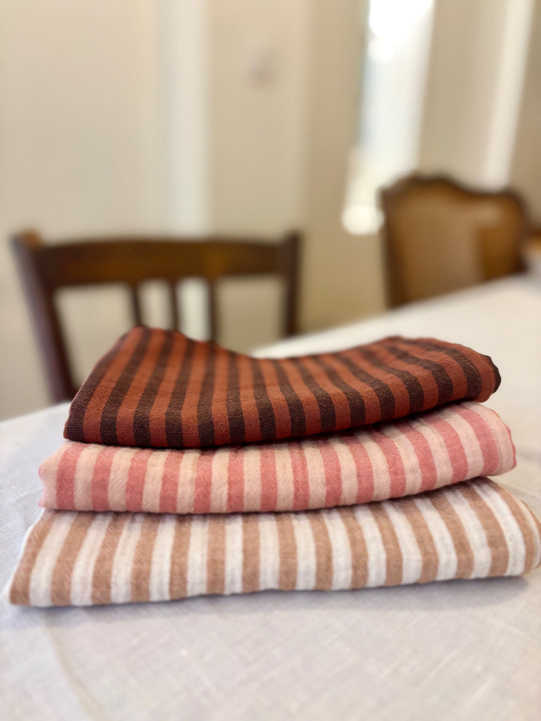 3 cotton gauze hand towels, made in France, striped toffee, paprika and caramel