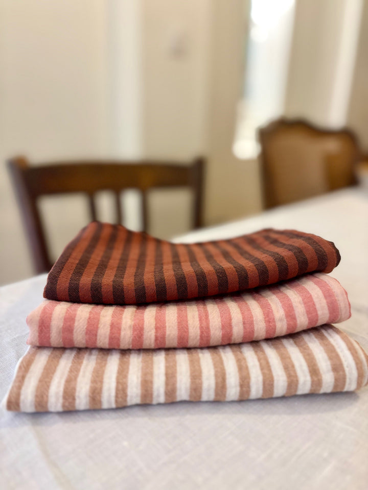 3 cotton gauze hand towels, made in France, striped toffee, paprika and caramel