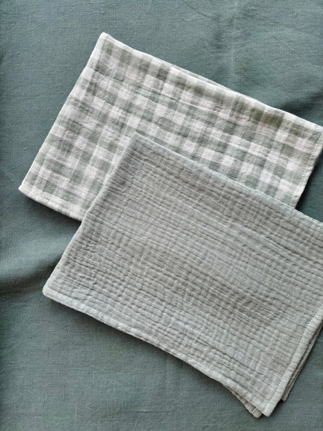 2 cotton gauze hand towels, made in France, Verdigris
