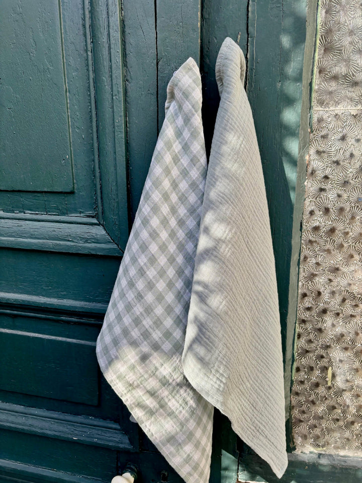 2 cotton gauze hand towels, made in France, Verdigris