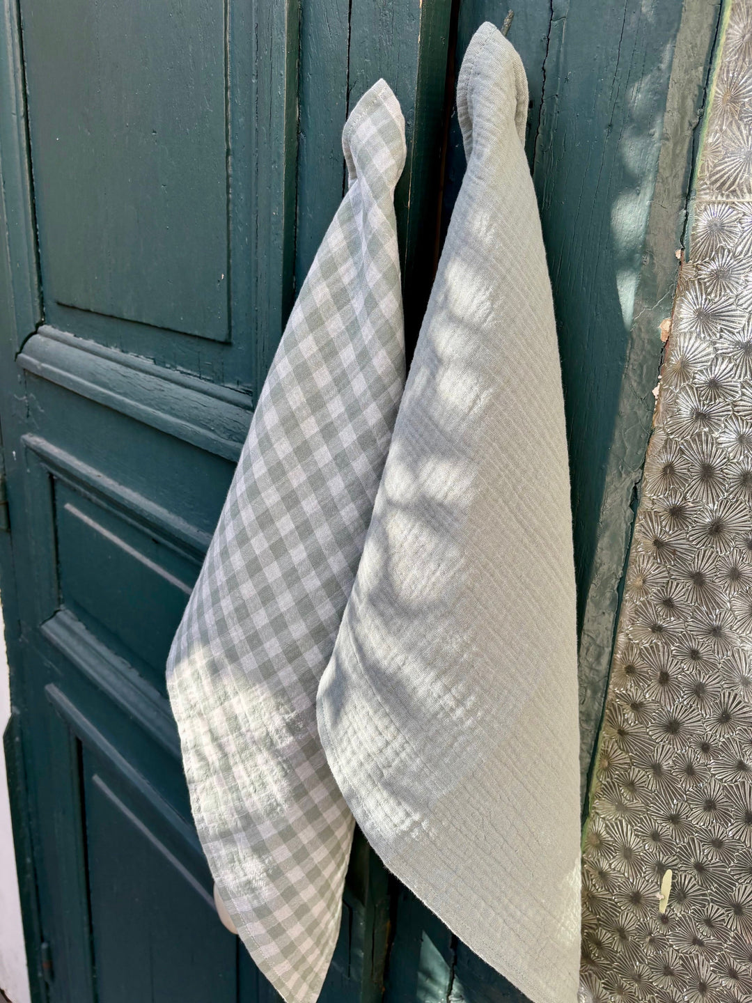 2 cotton gauze hand towels, made in France, Verdigris