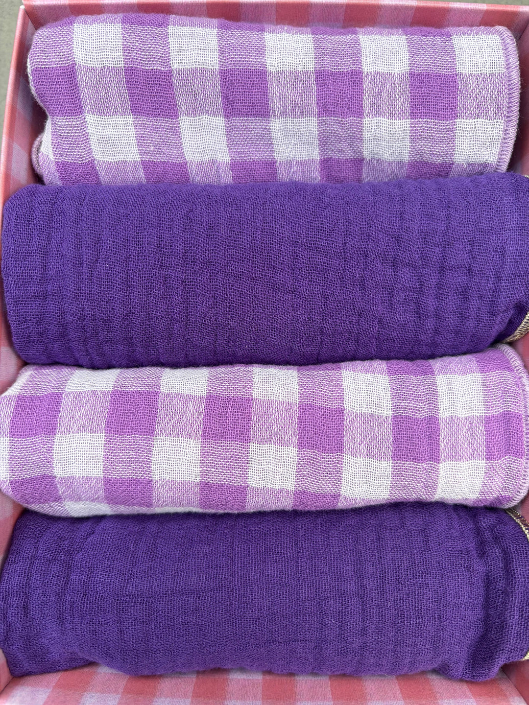Box of 4 Napkins – Cotton Gauze – Gingham and Plain Wisteria – 40x40 cm
