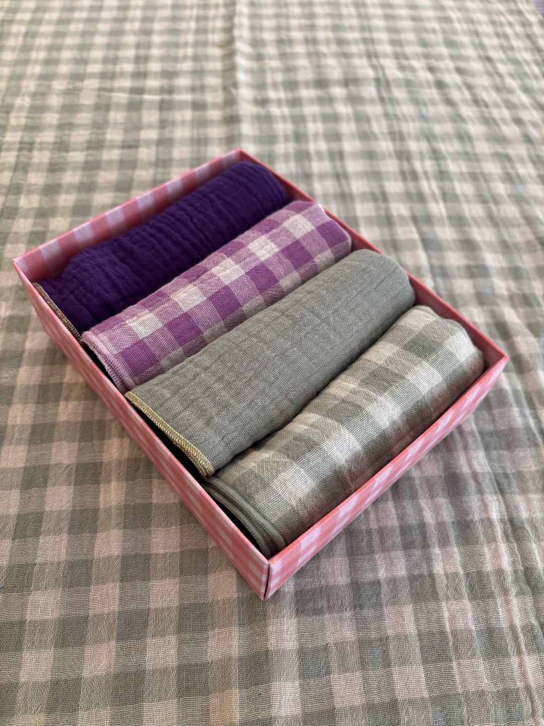 Set of 4 Double Gauze Cotton Napkins – Vichy and solid violet green-grey – 40x40cm