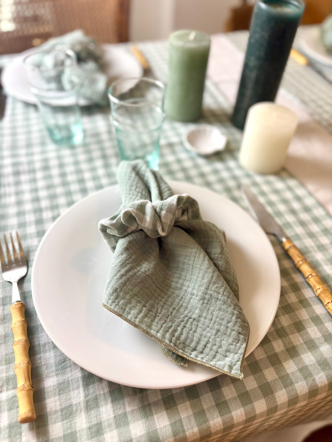 Vichy Grey-Green Table Runner – Cotton gauze – 50x150cm