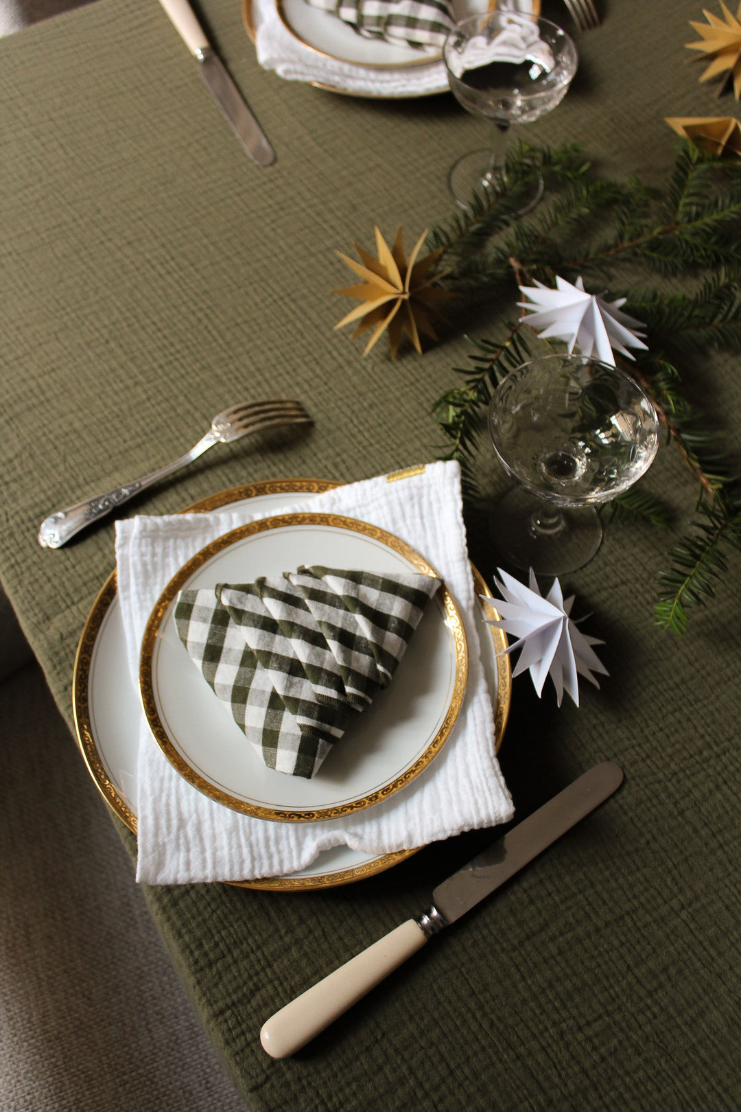 Caper green linen and cotton gingham napkins (set of 2)