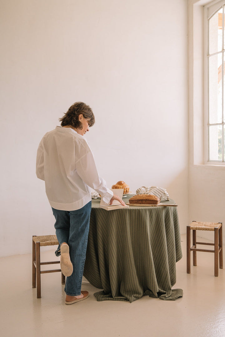 Caper Green Slub Cotton Striped Tablecloth