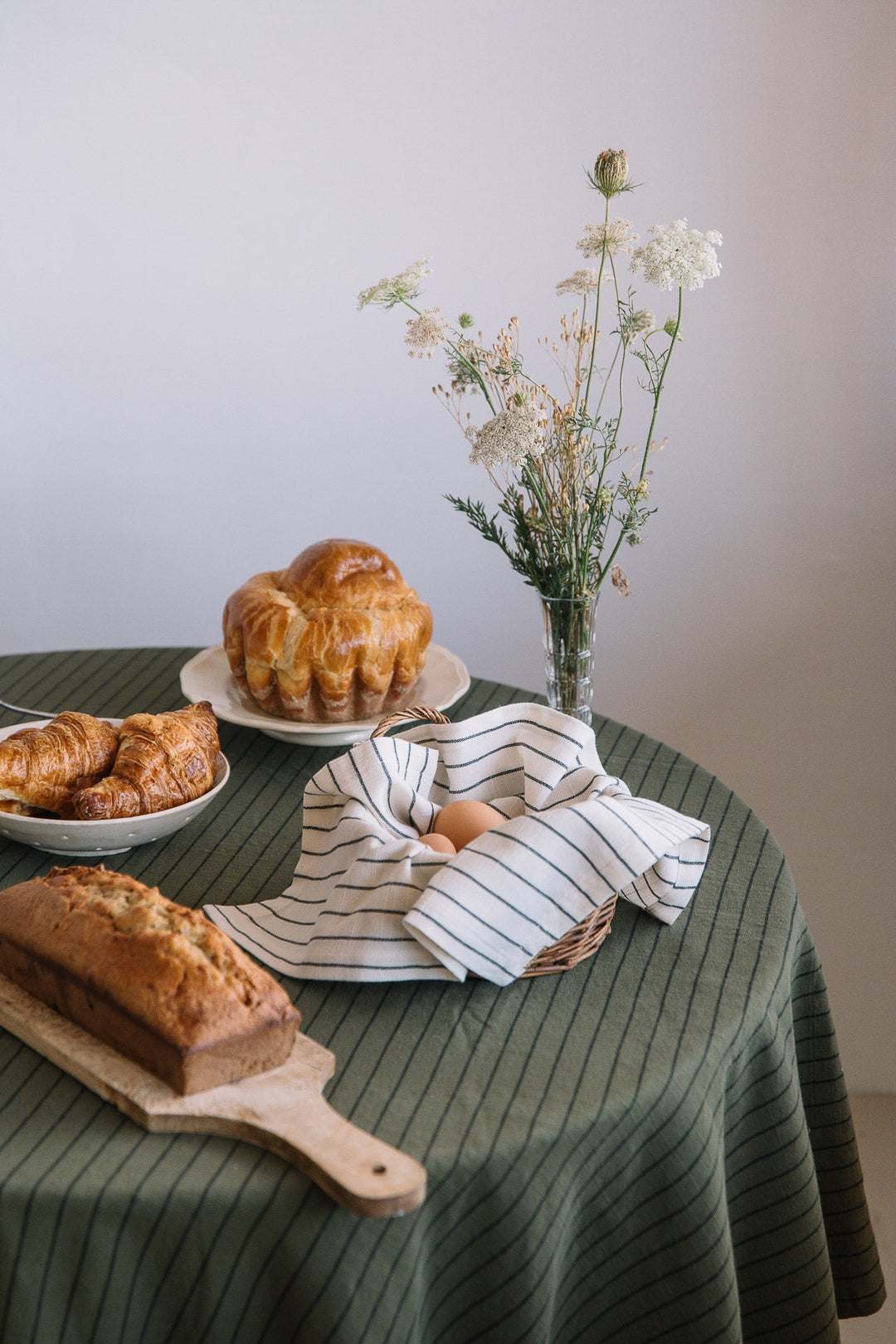 Caper Green Slub Cotton Striped Tablecloth