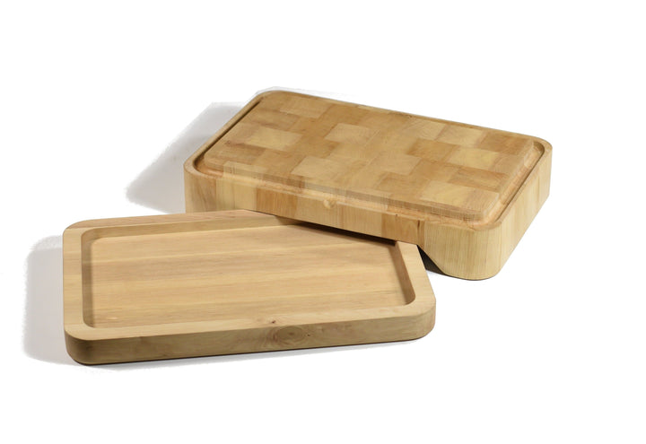 planche à découper en bois de bout de charme avec son plateau de récupération