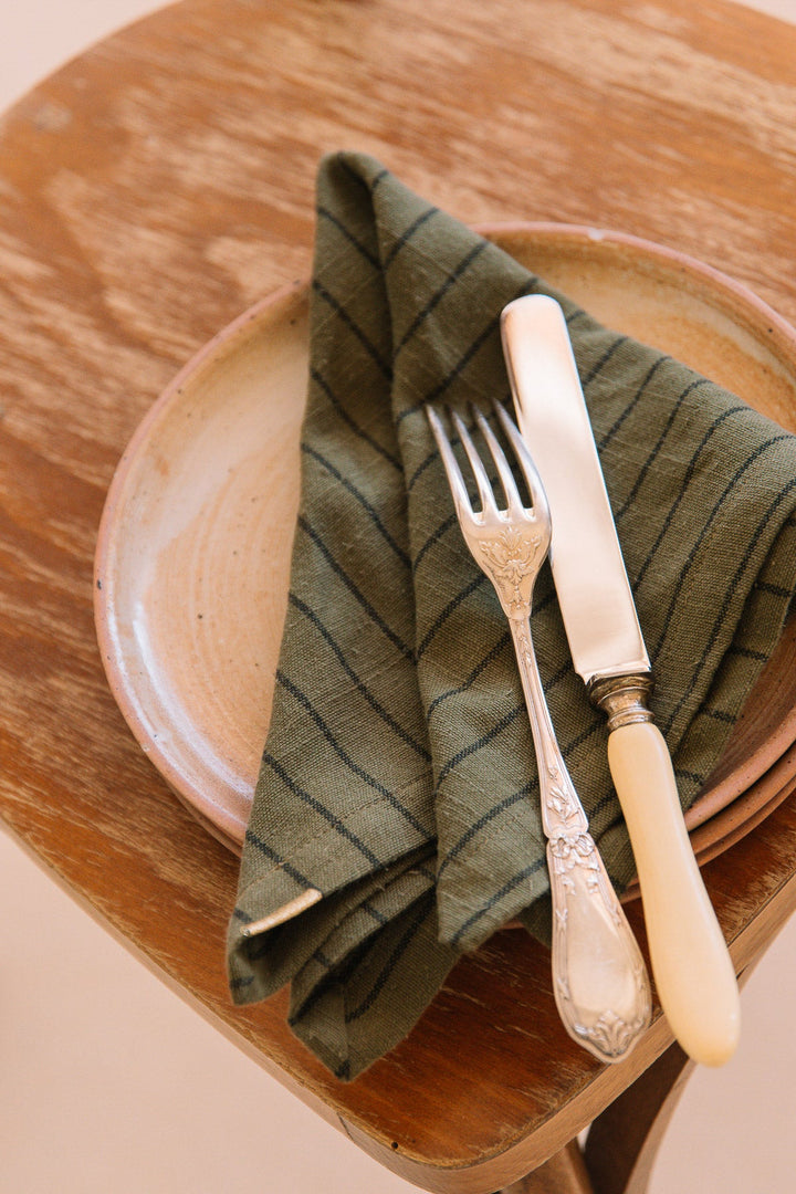 Caper Green Slub Cotton Striped Napkins (Set of 2)
