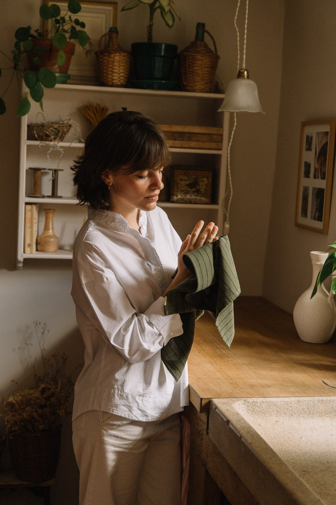 Green caper striped slub cotton tea towel