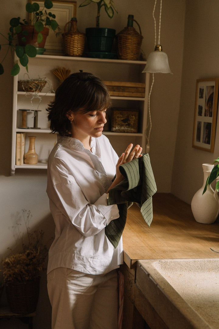 Green caper striped slub cotton tea towel