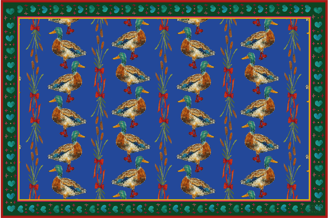 Sets de table - Tissu polyester - Motifs canard col vert - Fond uni bleu
