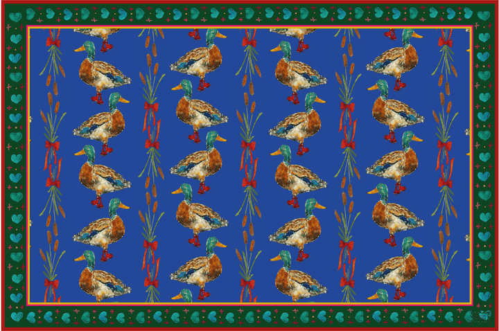 Sets de table - Tissu polyester - Motifs canard col vert - Fond uni bleu