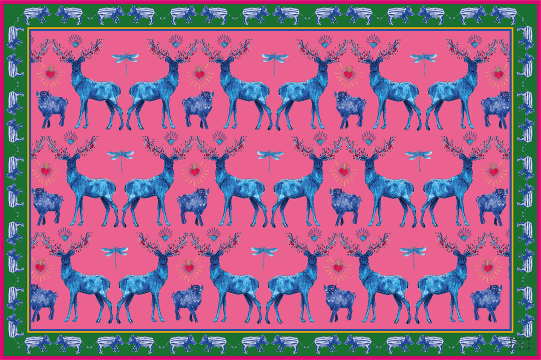 Sets de table - Tissu polyester - Motifs cerfs et sangliers - Fond uni rose Sets de table Maison Datcha