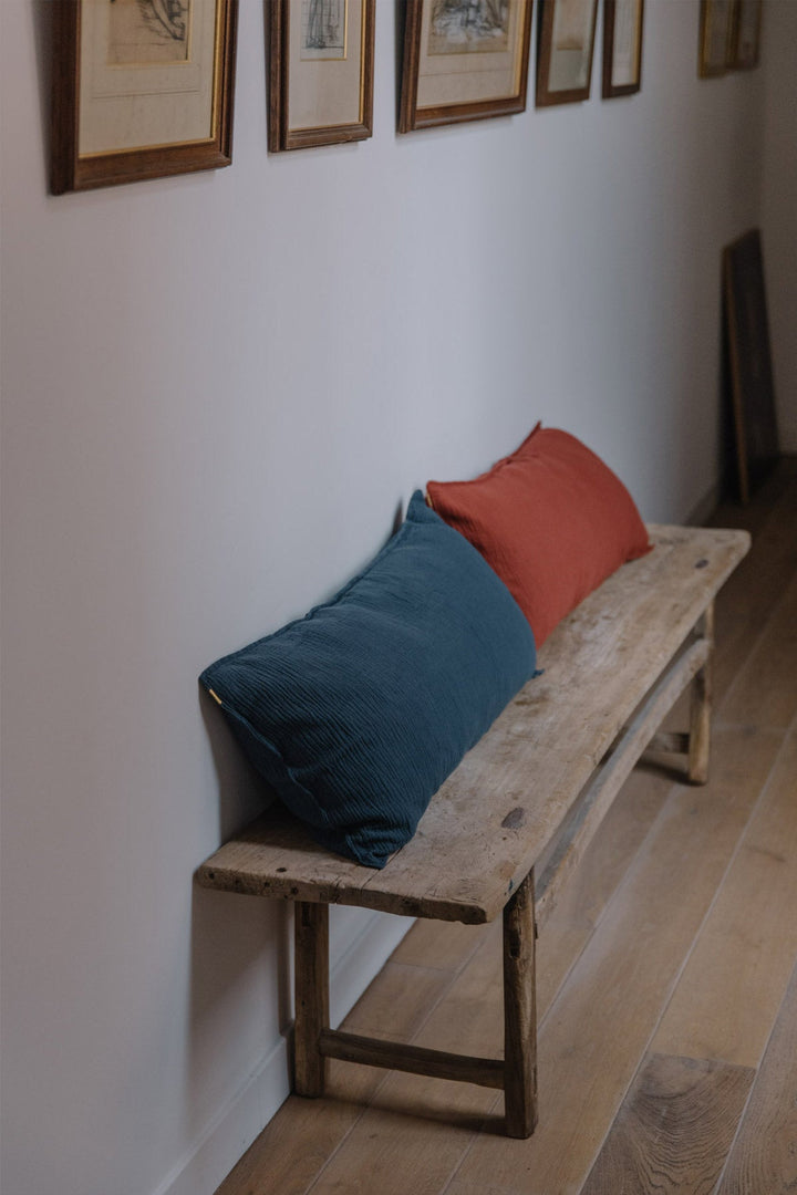Large removable cushion in storm blue double cotton gauze 45x90cm