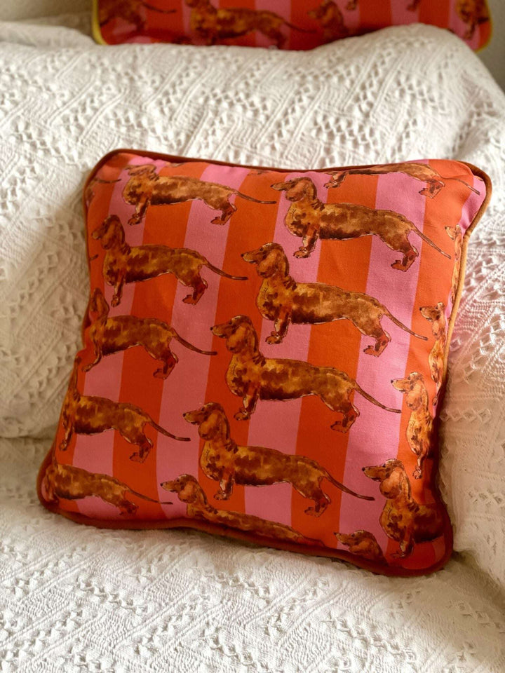 Housse de coussin mat - teckels - rayures roses et oranges