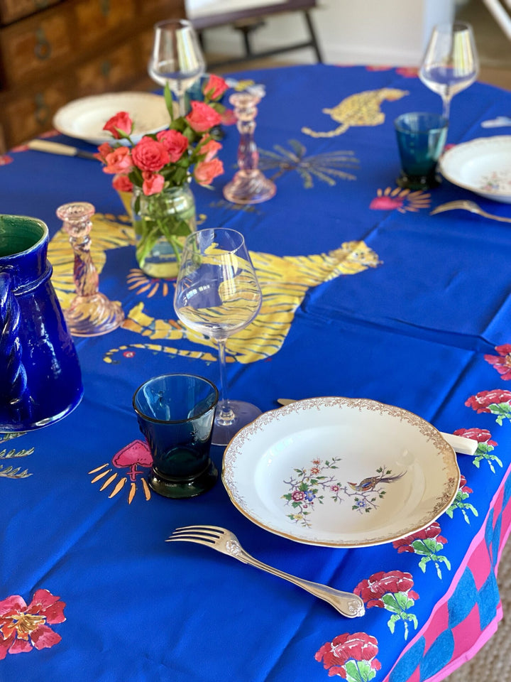 Arrivage - Nappe - Tigres, léopards, palmiers et abeilles - Bleue Nappes Maison Datcha