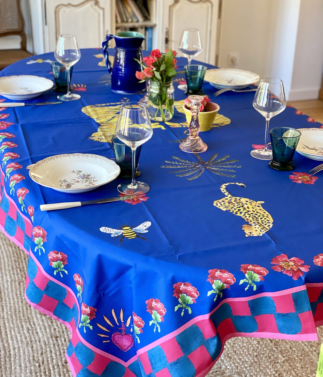 Arrivage - Nappe - Tigres, léopards, palmiers et abeilles - Bleue Nappes Maison Datcha