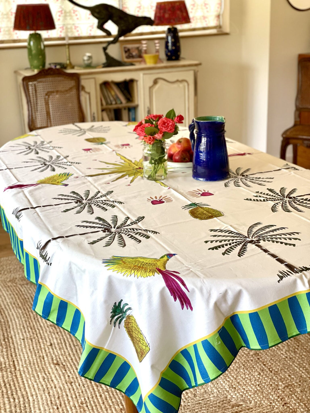 Nappe - Palmiers, perroquets et ananas - Blanc Nappes Maison Datcha