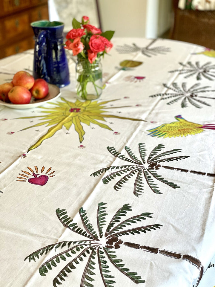 Nappe - Palmiers, perroquets et ananas - Blanc Nappes Maison Datcha
