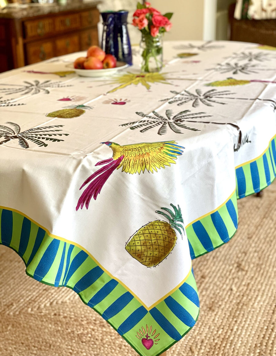 Nappe - Palmiers, perroquets et ananas - Blanc Nappes Maison Datcha
