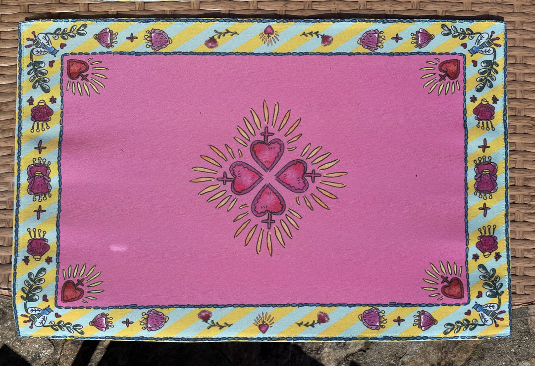 Sets de table - Tissu anti-tâches - Motifs cœur sacré - Fond uni rose Sets de table Maison Datcha