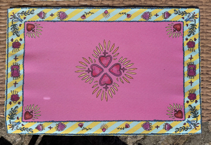 Sets de table - Tissu anti-tâches - Motifs cœur sacré - Fond uni rose Sets de table Maison Datcha