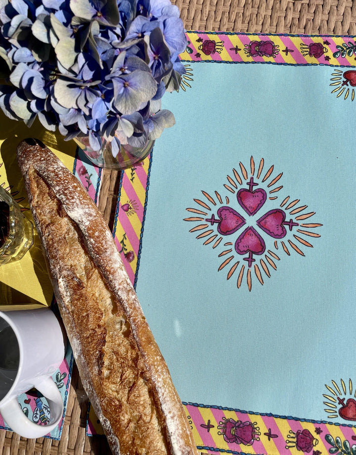 Sets de table - Tissu anti-tâches - Motifs cœur sacré - Fond uni turquoise Sets de table Maison Datcha
