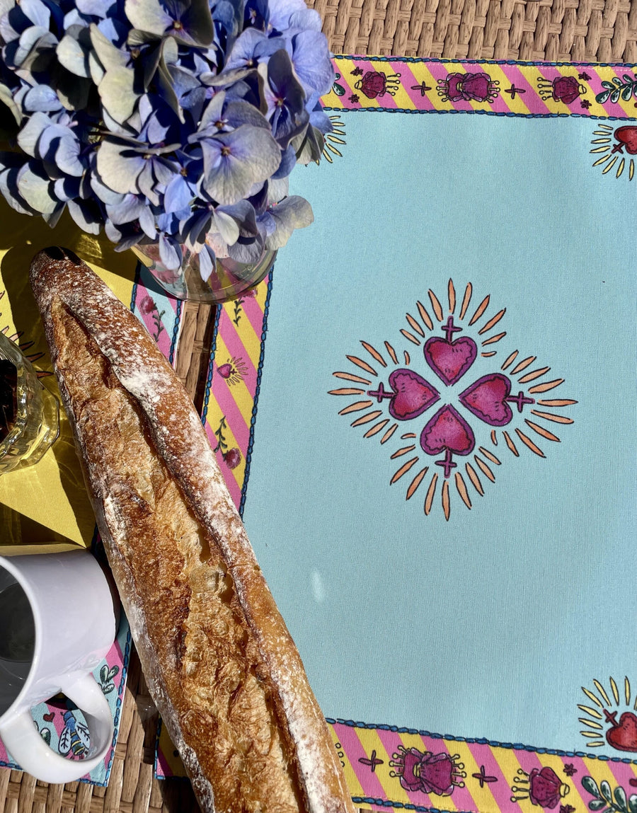 Sets de table - Tissu anti-tâches - Motifs cœur sacré - Fond uni turquoise Sets de table Maison Datcha