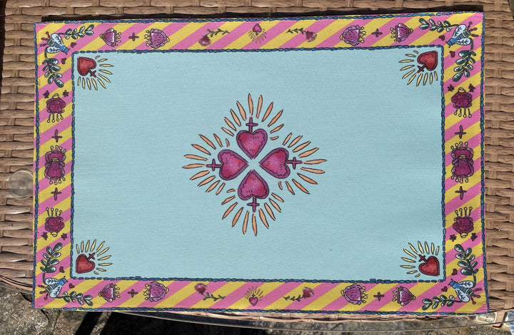 Sets de table - Tissu anti-tâches - Motifs cœur sacré - Fond uni turquoise Sets de table Maison Datcha