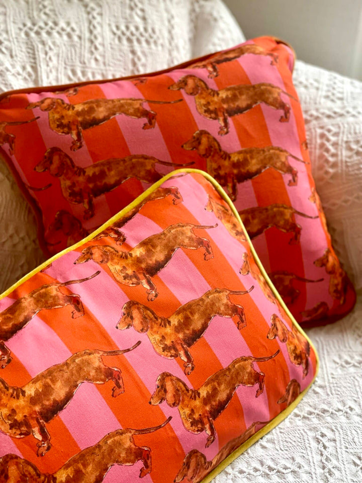 Mat cushion cover - Dachshund - pink and orange stripes