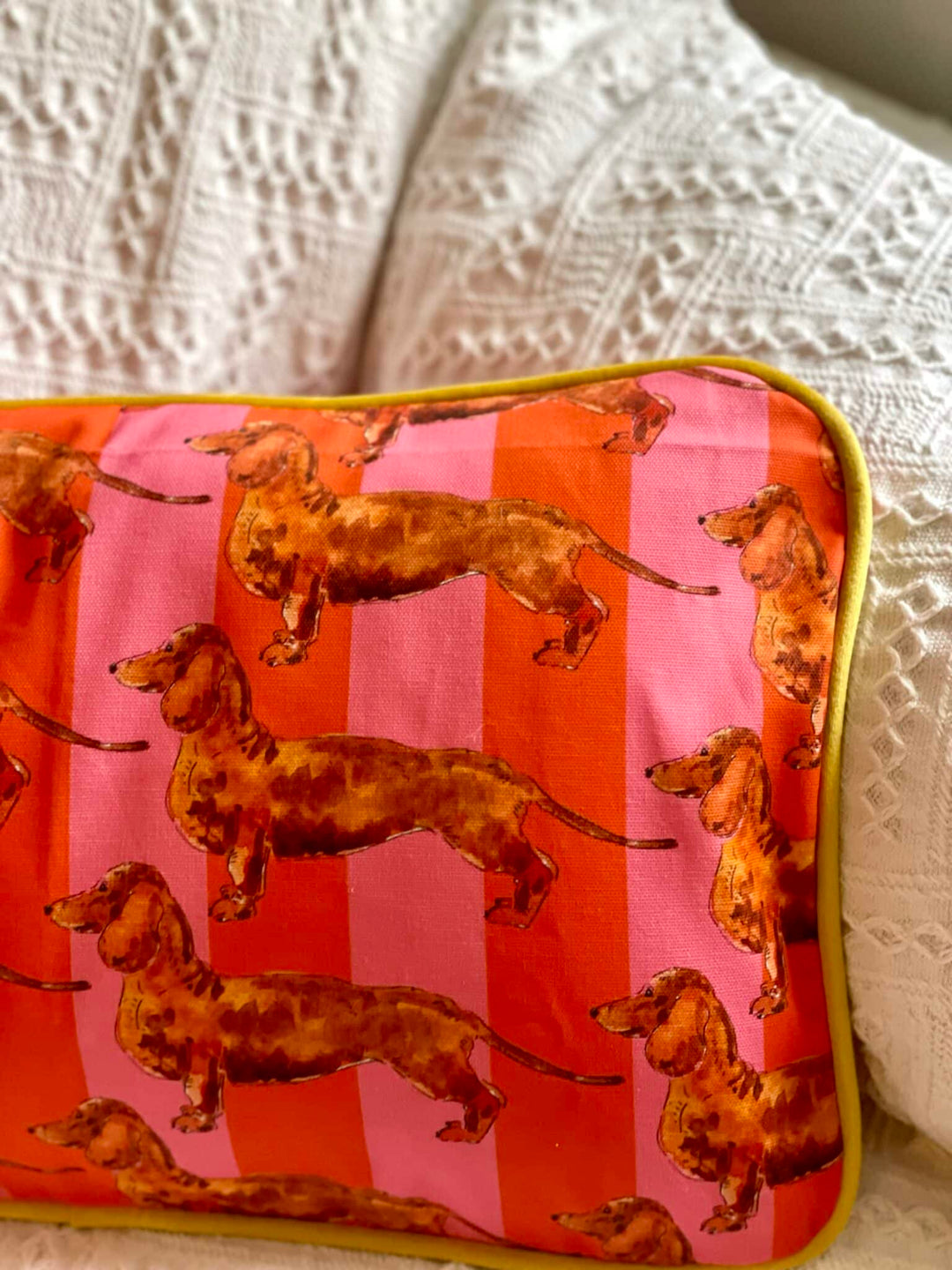 Mat cushion cover - Dachshund - pink and orange stripes