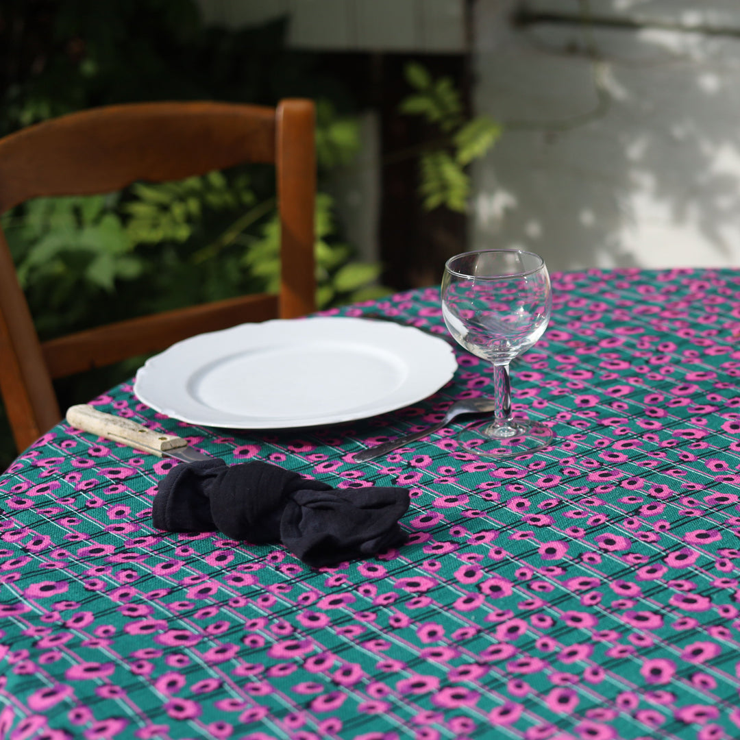Nappe verte motifs fleurs et carreaux - Violette Nappes Maryne Guyot créations