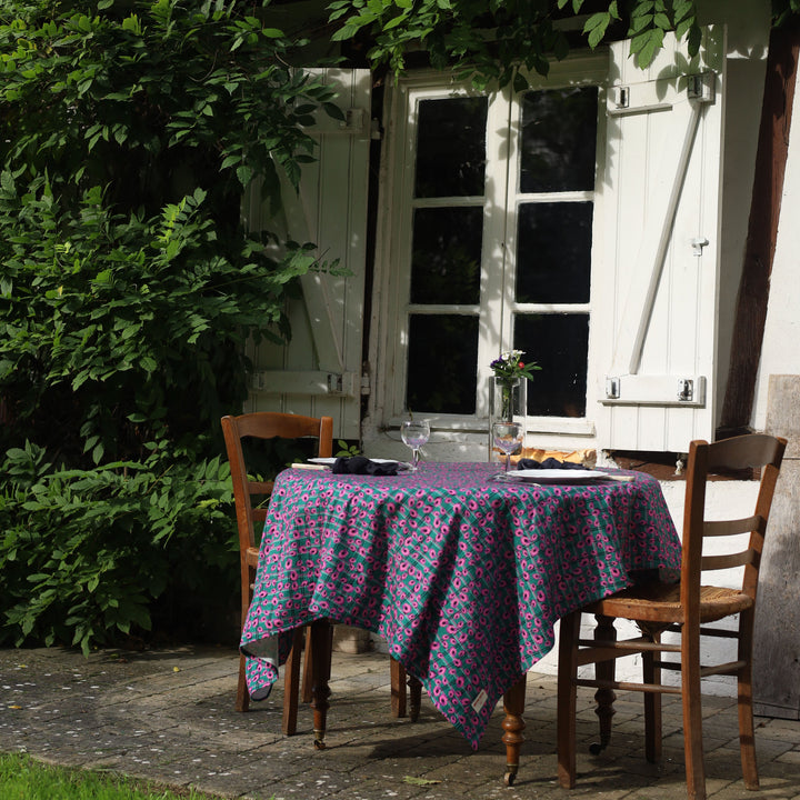 Nappe verte motifs fleurs et carreaux - Violette Nappes Maryne Guyot créations