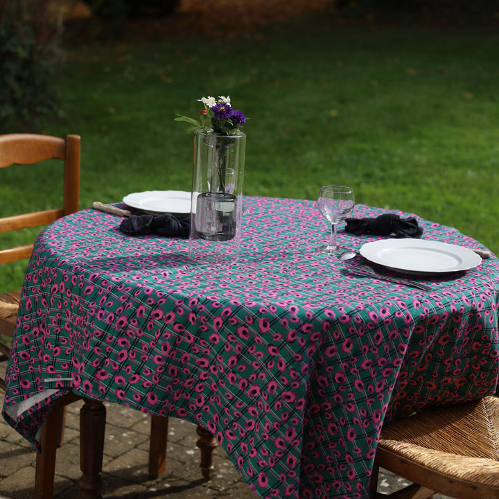 Nappe verte motifs fleurs et carreaux - Violette Nappes Maryne Guyot créations
