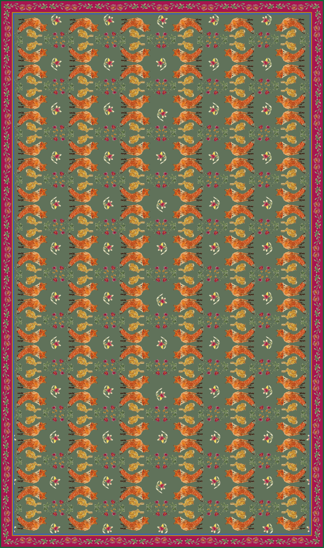 Nappe made in France à motifs renards et lièvres fond vert sauge