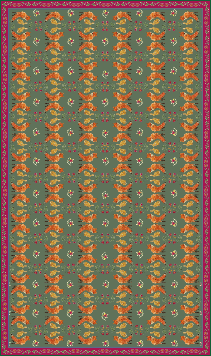 Nappe made in France à motifs renards et lièvres fond vert sauge