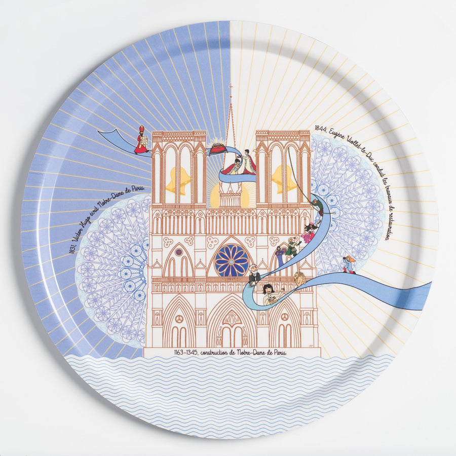 Plateau de service bois Notre-Dame de Paris, illustration vive de manufacture française. Ours Blanc Paris.